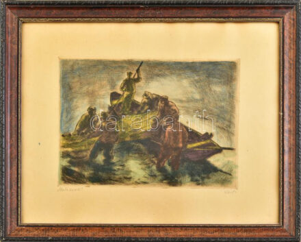 Kerti jelzéssel: Halászok. Színezett rézkarc, papír. Üvegezett, kissé kopott fa keretben, 19,5x24,5 cm (keret: 36x41 cm)