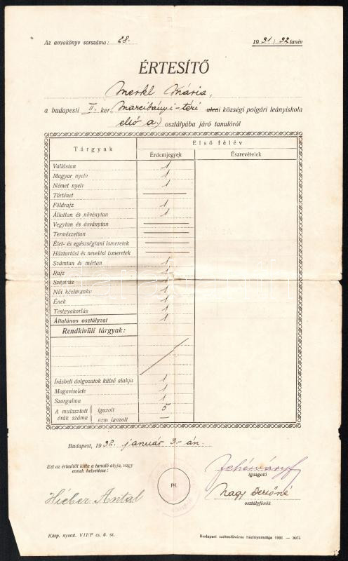 1932 Bp., községi polgári leányiskola értesítője