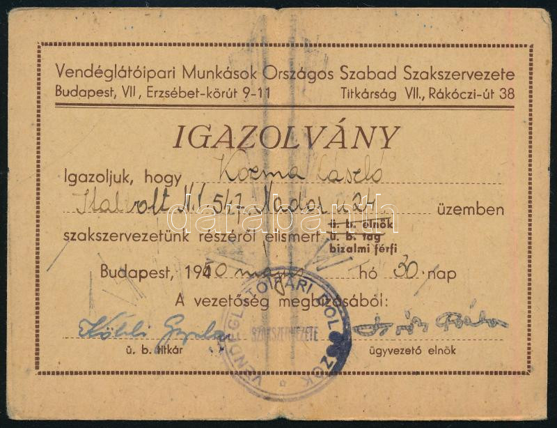 1950 Bp., Vendéglátóipari Munkások Országos Szabad Szakszervezete által kiállított igazolvány, hajtott