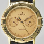 Omega Constellation dupla dátumos kvarc karóra. 18K arany (Au) tokkal. Jelzett. Új bőr szíjjal. 34 mm Működő, jó állapotban. Nettó 29 g