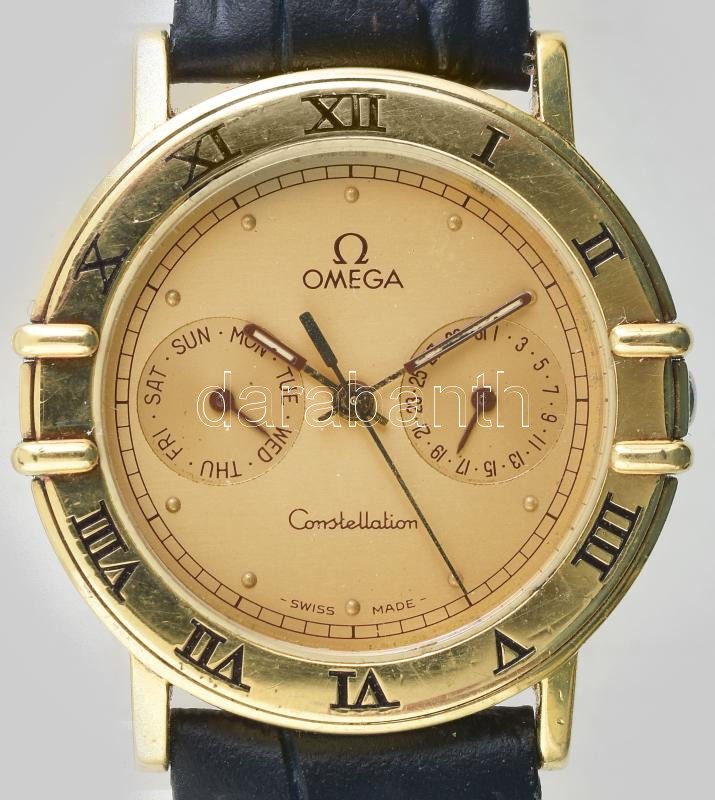 Omega Constellation dupla dátumos kvarc karóra. 18K arany (Au) tokkal. Jelzett. Új bőr szíjjal. 34 mm Működő, jó állapotban. Nettó 29 g