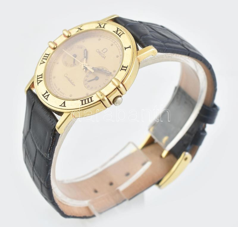 Omega Constellation dupla dátumos kvarc karóra. 18K arany (Au) tokkal. Jelzett. Új bőr szíjjal. 34 mm Működő, jó állapotban. Nettó 29 g - Image 3