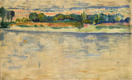 Kernstok Károly (1873-1940): Dunapart, 1910-19 körül. Olaj, vászon. Jelezve jobbra lent: 'Kuruc Margitnak Kernstok Károly'. Hátoldalán tájkép vázlat. 55x90 cm. Kurucz Margit, Radnai Béla (1873-1923) szobrászművész második felesége
