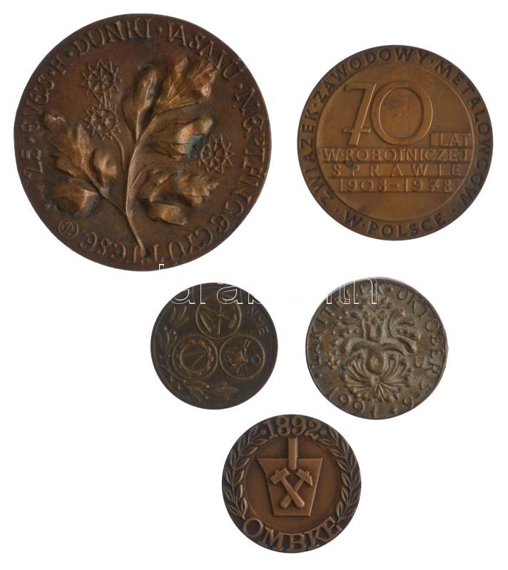 Vegyes 5 darabos bronz emlékérem tétel, közte 'OMBKE (Országos Magyar Bányászati és Kohászati Egyesület) 1892' egyoldalas bronz emlékérem (50mm) T:1--2 patina