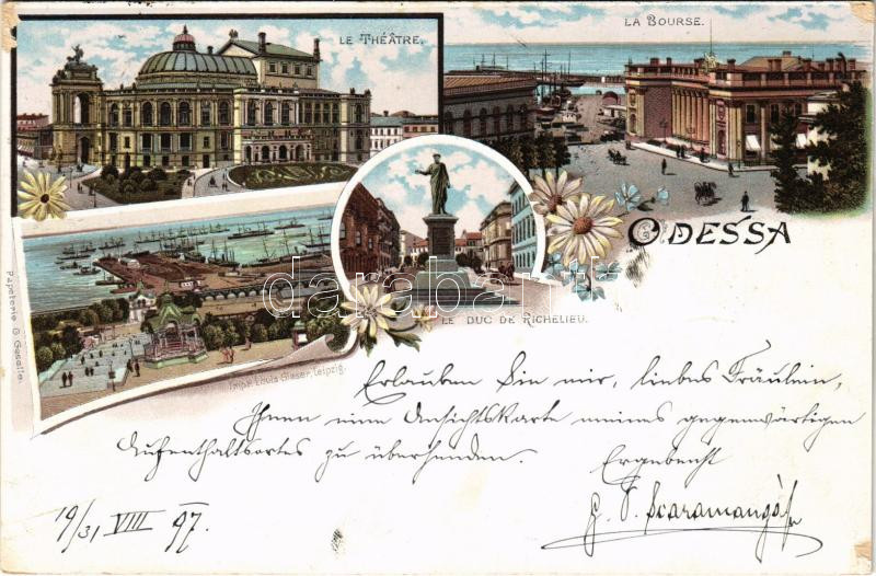 1897 (Vorläufer) Odessa, Odesa; Le Theatre, La Bourse, Le Duc de Richelieu / theatre, stock exchange, statue. G. Geselle Art Nouveau, floral, litho (Rb)