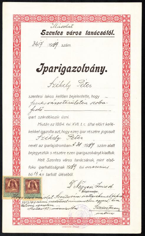 1924 Szentes, iparigazolvány szobafestő részére (1919-es eredeti másolata), 2 x 5000 K okmánybélyeggel