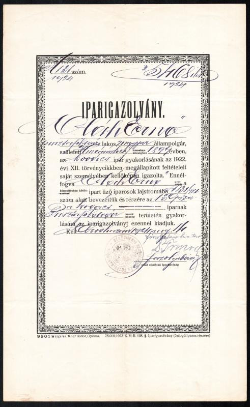 1924 Orosháza, iparigazolvány pusztaföldvári kovács részére. Gyoma, Kner-ny., 34x21 cm