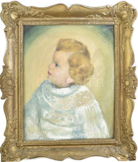 Csikós jelzéssel: Kisgyerek portréja, 1956. Olaj, vászon. Dekoratív, kissé sérült fakeretben. 49x39,5 cm.