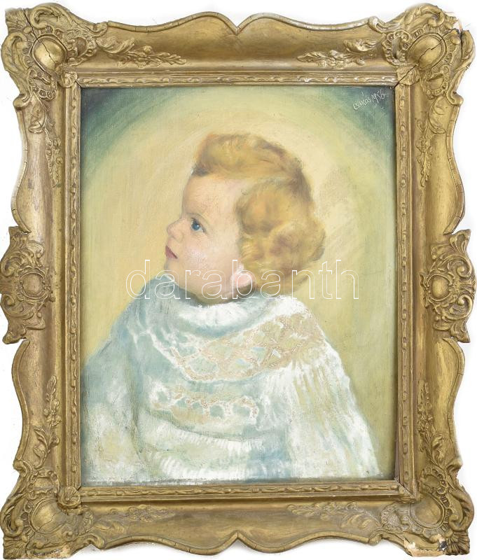 Csikós jelzéssel: Kisgyerek portréja, 1956. Olaj, vászon. Dekoratív, kissé sérült fakeretben. 49x39,5 cm.