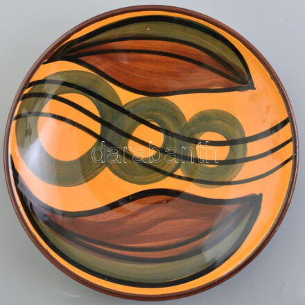 Art Deco kerámia tál, narancssárga barna kézzel festett design olíva tál, Manufaktúra AALEN- Decor Sandra, WGP 1940-50-es évek, hibátlan, d: 19,5 cm / Art Deco ceramic bowl, orange brown hand-painted design olive bowl, Manufactory AALEN-