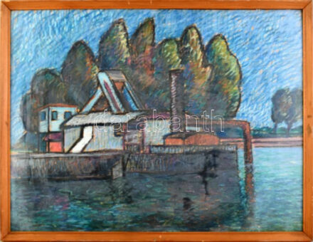 Ujváry Lajos (1925-2006): Vízparti táj. Olajpasztell, karton, jelzett. Üvegezett fakeretben, 47×62 cm