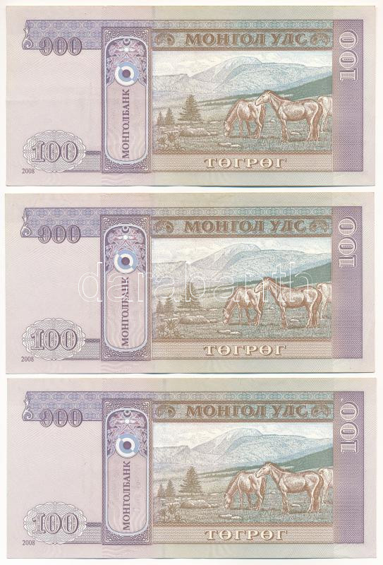 Mongólia 2008. 100T (3x) közte egy sorszámkövető pár 'AM 4705655 - AM 4705656' T:III kis folt Mongolia 2008. 100 Tögrög (3x) with a pair of consecutive serials 'AM 4705655 - AM 4705656' C:F small spot Krause P#65 - Image 2