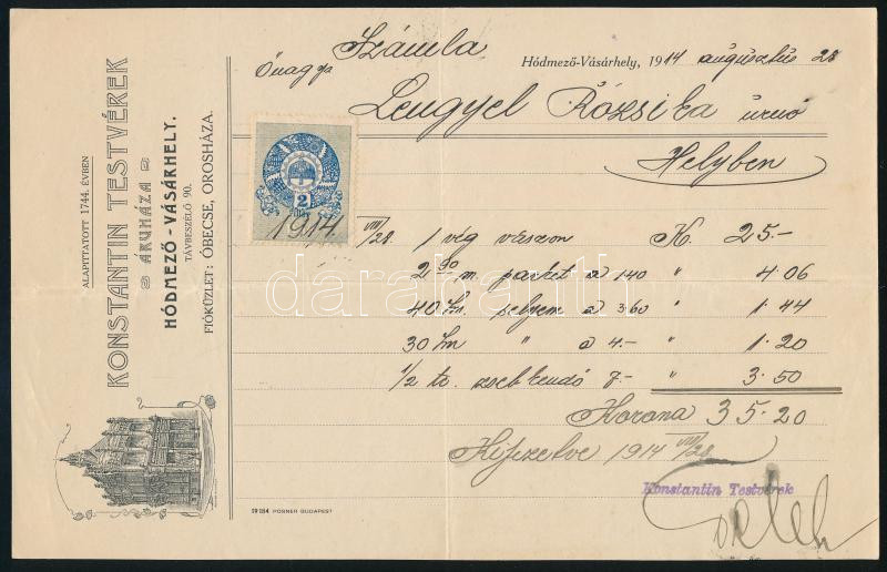 1914 Hódmezővásárhely, Konstantin Testvérek áruházának fejléces számlája, okmánybélyeggel