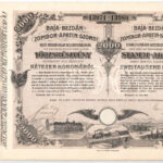 Budapest 1912. 'Baja-Bezdán-Zombor-Apatin-Szondi Helyi Érdekű Vasút Részvénytársaság' 10db részvénye egyben, összesen 2000K-ról, szárazpecséttel, szelvényekkel T:I-,II