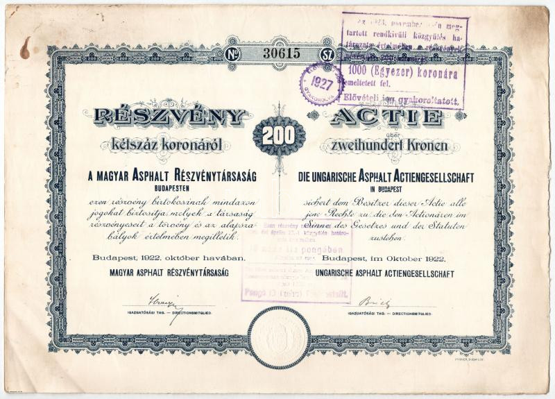 Budapest 1922. 'Magyar Asphalt Részvénytársaság' részvénye 200K-ról, magyar és német nyelven, szelvények nélkül, szárazpecséttel, felülbélyegzéssel T:II fo. Hungary / Budapest 1922. 'Magyar Asphalt Részvénytársaság' share