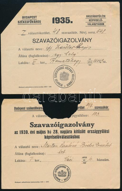 1931-1939 Szavazóigazolványok, 4 db - Image 2