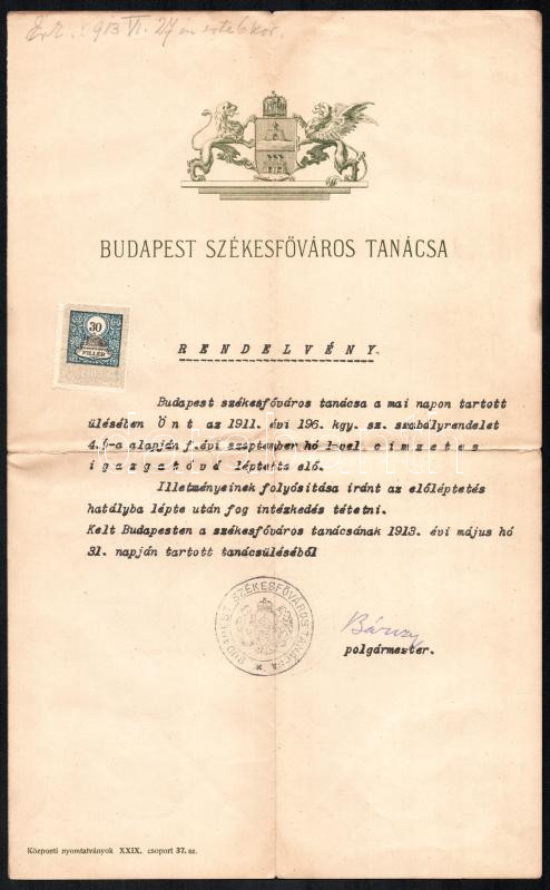 1913 Budapest Székesfőváros Tanácsa rendelvény címzetes igazgatóvá való előléptetésről