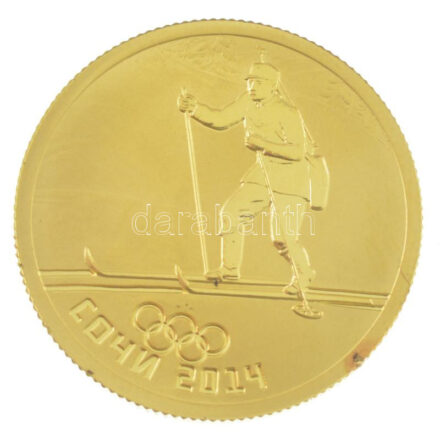 Oroszország 2014. 50R Au 'Szocsi Téli Olimpia - Biatlon' tanúsítvánnyal, tokban (7,84g/0.999) T:PP ph., ujjlenyomat Russia 2014. 50 Roubles Au 'Sochi Winter Olympics - Biathlon' with certificate and capsule (7,84g/0.999) C:PP edge error,