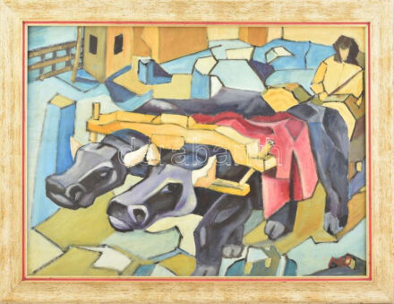 MO jelzéssel: Szekér. Olaj, karton. Dekoratív fakeretben, 45×60 cm