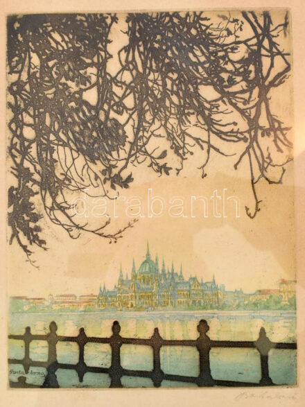 Barta Ernő (1878-1956): Budapesti Dunapart, háttérben a Parlament. Színezett rézkarc, papír, jelzett. Üvegezett fakeretben, 22,5×17 cm