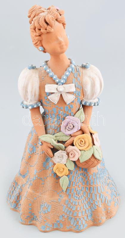 Bod Éva (1924-2004): Kislány, mázas kerámia figura, jelzett, kis kopásnyomokkal, nyaklánca sérült m: 25 cm
