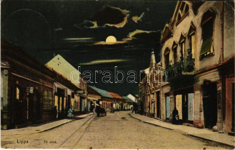 1915 Lippa, Lipova; Fő utca este, üzletek. Bárány Szerén kiadása / main street at night, shops (EK)
