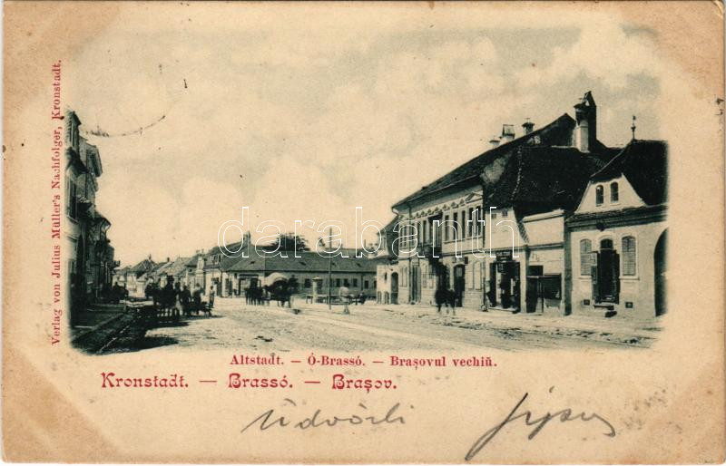 1901 Brassó, Kronstadt, Brasov; Altstadt / Ó-Brassó, óváros, üzletek. Julius Müller utóda kiadása / Brasovul vechiu / old town, street view, shops (EK)