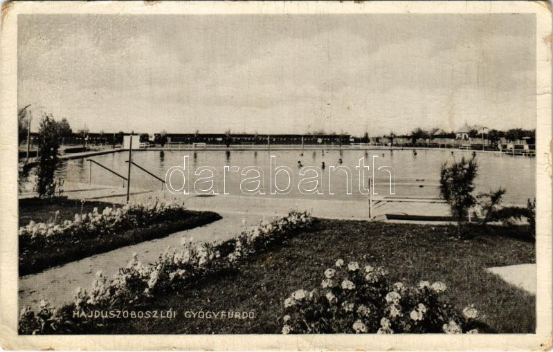 1934 Hajdúszoboszló, Gyógyfürdő, fürdőzők + 'COP - DEBRECEN - BUDAPEST 19 D' vasúti mozgóposta bélyegző (r)