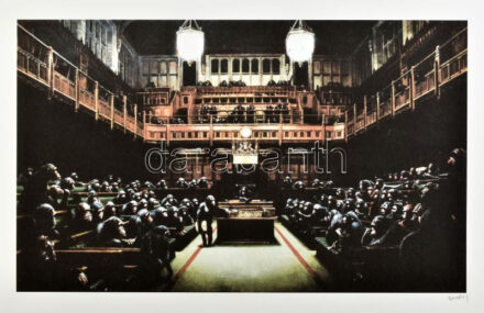 Banksy: Monkey Parliament. Ofszet litográfia, papír, jelzett a nyomaton, 'POW Printmaking' szárazpecséttel Grafiart - Aviomar UK. tanúsítvánnyal Számozott: 20/150. Lapméret:70x50 cm, / Numbered, marked