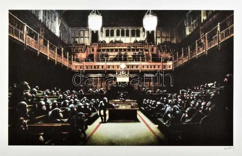 Banksy: Monkey Parliament. Ofszet litográfia, papír, jelzett a nyomaton, 'POW Printmaking' szárazpecséttel Grafiart - Aviomar UK. tanúsítvánnyal Számozott: 20/150. Lapméret:70x50 cm, / Numbered, marked