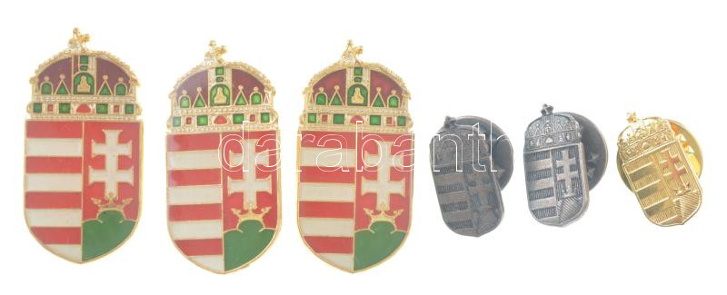 DN Koronás, magyar címeres, műgyantás fém jelvény (3x) (30x15mm) + patinázott koronás, magyar címeres fém jelvény (2x) (16x8mm) + aranyozott koronás, magyar címeres fém jelvény (16x8mm) T:1
