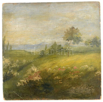 E. Illés A. jelzéssel: Virágzó táj. Olaj, vászon, kartonra kasírozva. Széleinél kissé sérült. 28,5x28,5 cm