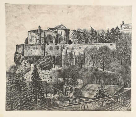 Imre István (1918-1983): Budai vár. Rézkarc, papír, jelzett. Lap széle kissé foltos. 49×59 cm