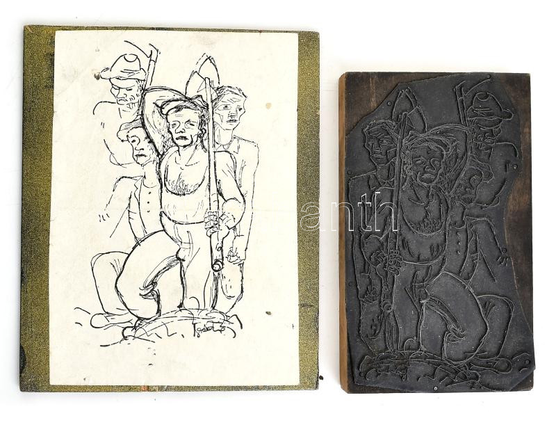Gábor Jenő (1893-1968): Kubikusok. Fém fára applikálva, dúcon jelzett, 14x8,5 cm