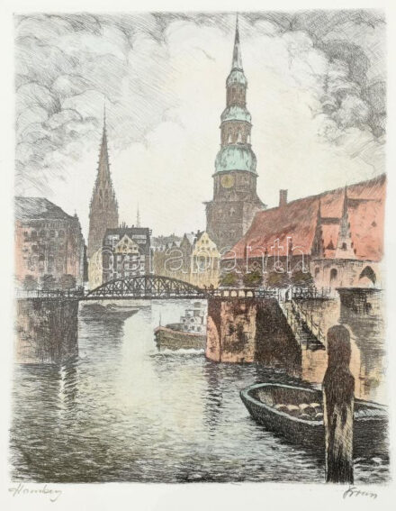 Krón Béla (1884-1965): Hamburg. Színezett rézkarc, papír, jelzett, üvegezett fakeretben. 20×16 cm