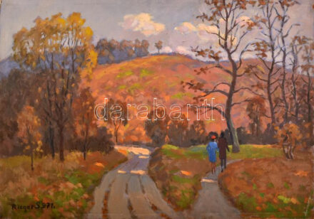 Rieger S jelzéssel, magyar festő, XX. sz. második fele: Novemberi reggel (sétáló pár). Olaj, farost. 50x70 cm
