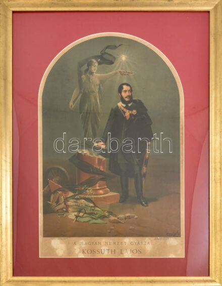 A magyar nemzet gyásza, Kossuth Lajos. Kromolitográfia, papír. Cserépy Árpád (1859-1907) eredetije után, kőre rajzolta és nyomtatta 'Steyrermühl. Jelzett a metszeten. XIX. sz. vége. Foltos, lap alja kissé sérült. Dekoratív,