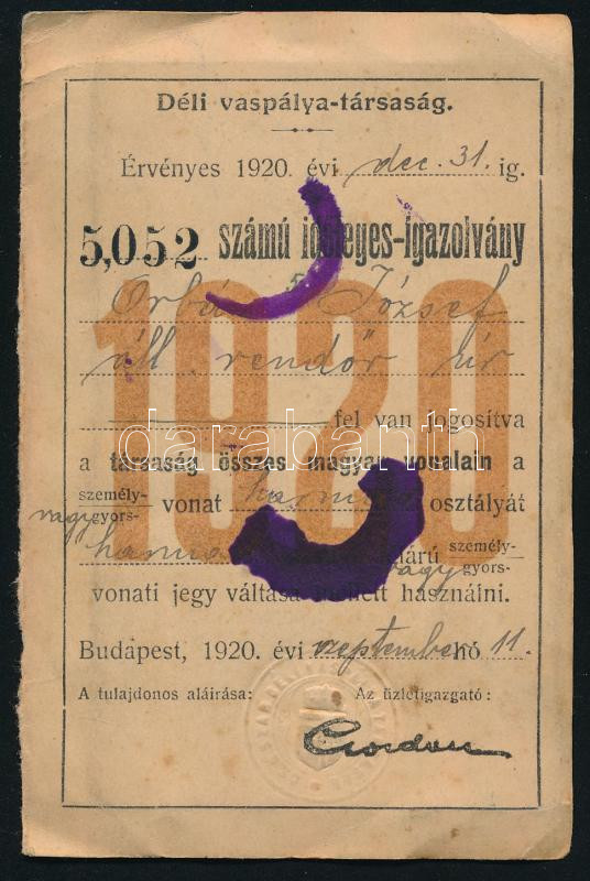1920 Déli Vaspálya-Társaság ideiglenes arcképes igazolványa - Image 2