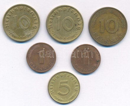 Német Harmadik Birodalom 1938A 5pf + 10pf (2x) + Német Szövetségi Köztársaság 1975J 1pf + 1980J 10pf + 1991J 1pf T:1-,2 patina German Third Reich 1938A 5 Reichpfennig + 10 Reichpfennig (2x) + German Federal Republic 1975J 1 Pfennig + 1980J