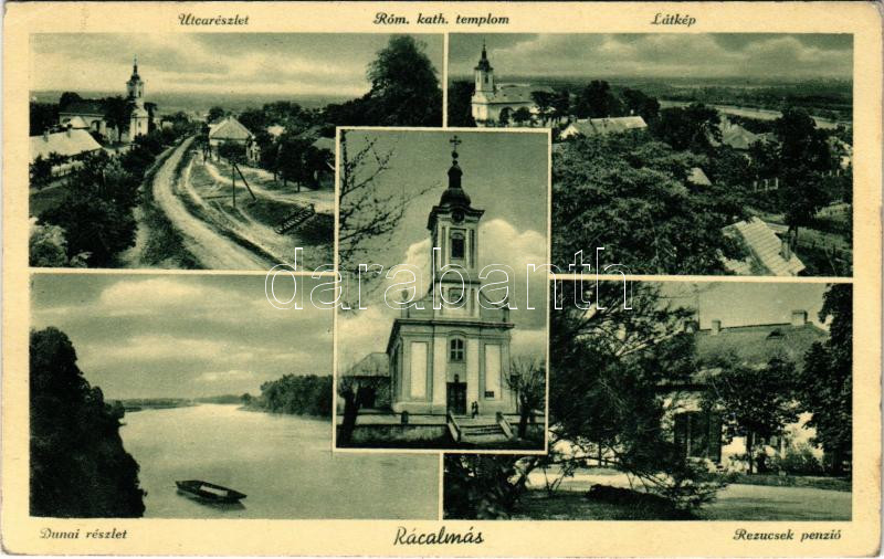 Rácalmás, utca, Római katolikus templom, látkép, Dunai részlet, Rezucsek penzió (EK)