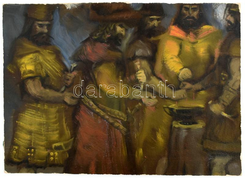 Jelzés nélkül: Vérszerződés. Olaj, karton. Kétoldalas mű, hátoldalán arckép. Hátoldala sérült. 25x34,5 cm