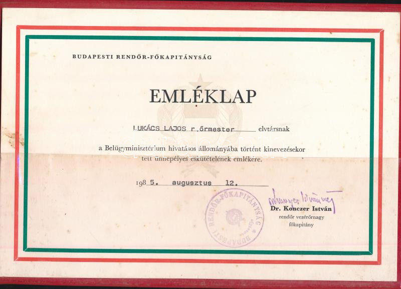 1985 BRFK emléklap és esküokmány rendőrőrmester részére - Image 2