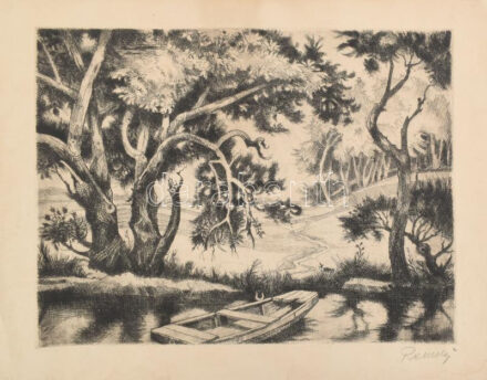 Remsey Jenő (1885-1980): Vízparti táj. Rézkarc, papír, jelzett, kissé foltos. 29,5x38,5 cm
