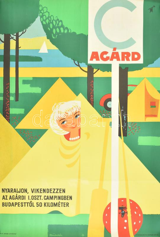 cca 1970 Nyaraljon az agárdi kempingben, plakát, Szűcs Pál (1906-1969) grafikája, feltekerve, hajtásnyomokkal, 82×57 cm