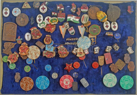 ~70-80 darabos vegyes jó állapotú magyar és külföldi kitűző tétel, közte műgyantás és zománcozott darabokkal, műanyag tálcán ~70-80 pieces mixed hungarian and foreign resin and enamelled pin lot in plastic tray