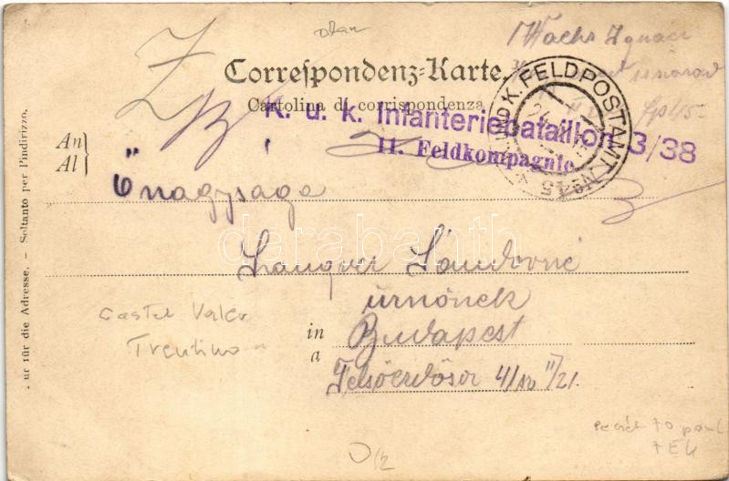 1916 Tassullo, Tassul (Südtirol); Castel Valér in Val di Non / castle +'K. und K. Feldpostamt No. 45.' + 'K.u.k. Infanteriebataillon 3/38. 11. Feldkompagnie' (EK) - Image 2