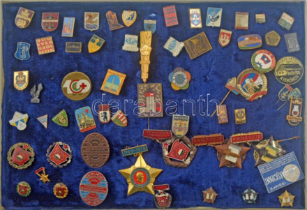 ~50-60 darabos vegyes jó állapotú magyar és külföldi kitűző tétel, közte műgyantás és zománcozott darabokkal, műanyag tálcán ~50-60 pieces mixed hungarian and foreign resin and enamelled pin lot in plastic tray
