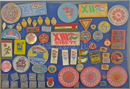 ~60 darabos vegyes jó állapotú főleg magyar kitűző tétel műanyag tálcán ~60 pieces mixed hungarian pin lot in plastic tray