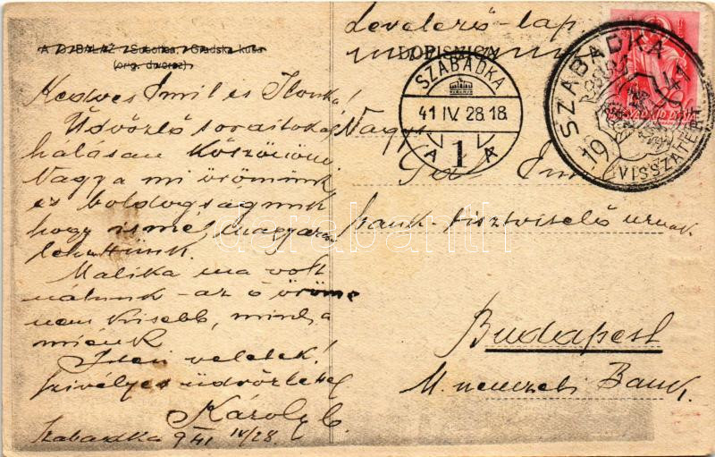 1941 Szabadka, Subotica; Felszabadultunk! 1941. IV. 12. bevonulás, városháza, magyar zászló / entry of the Hungarian troops, town hall, Hungarian flag, irredenta propaganda s: A. G. Balaz+ '1941 Szabadka visszatért' So. Stpl. (EK) - Image 2