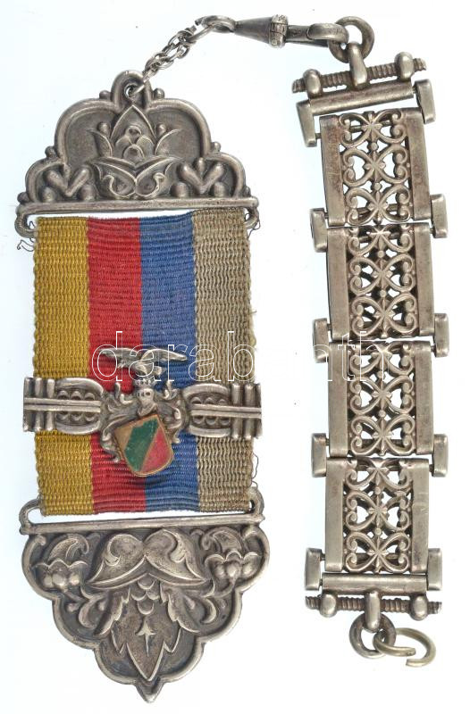 1931. A Turul Szövetség tagszervezetének, a budapesti képzőművészeket tömörítő Székely Bertalan Bajtársi Egyesületének jelzett Ag függője szalagon, zománcbetétes pánttal, 'Gál Nap utca 13' gyártói jelzéssel, hátoldalán